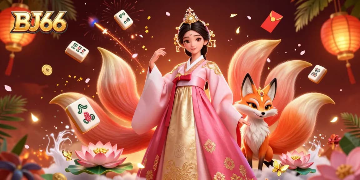BJ66 showcases a vibrant scene of an elegant Asian woman, lucky fox, and gambling elements celebrating online gaming.