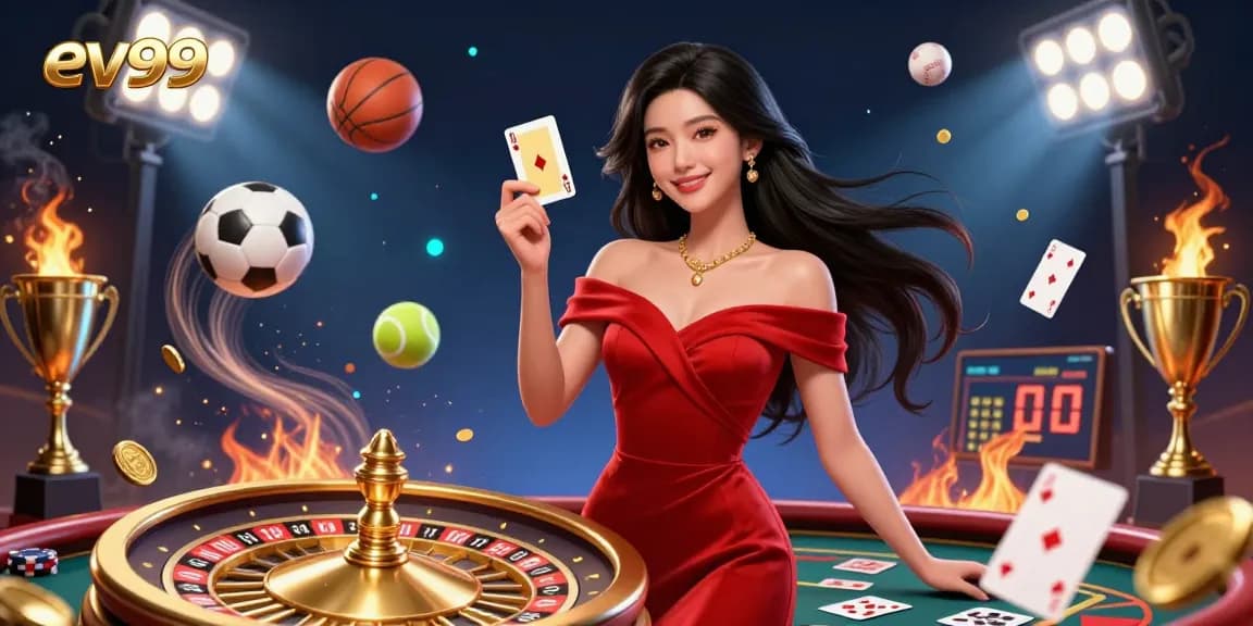 Experience exciting gameplay at ev99 with a stunning Asian dealer beside a roulette wheel.