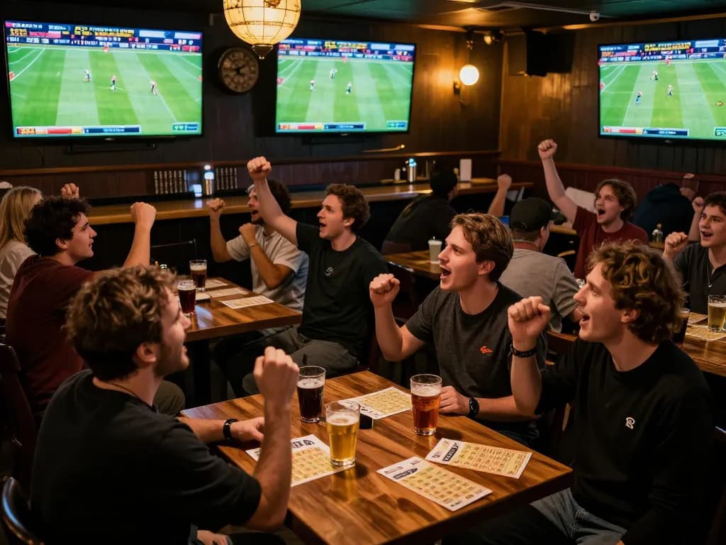 Nowgoal sports bettors enjoying live match excitement at a lively bar with engaged viewers.