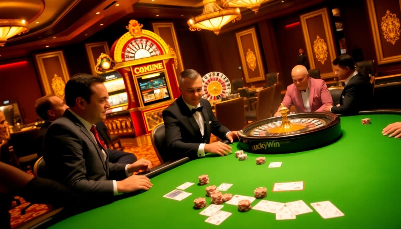Experience the thrill of LuckyWin with poker and roulette in an exciting casino scene.
