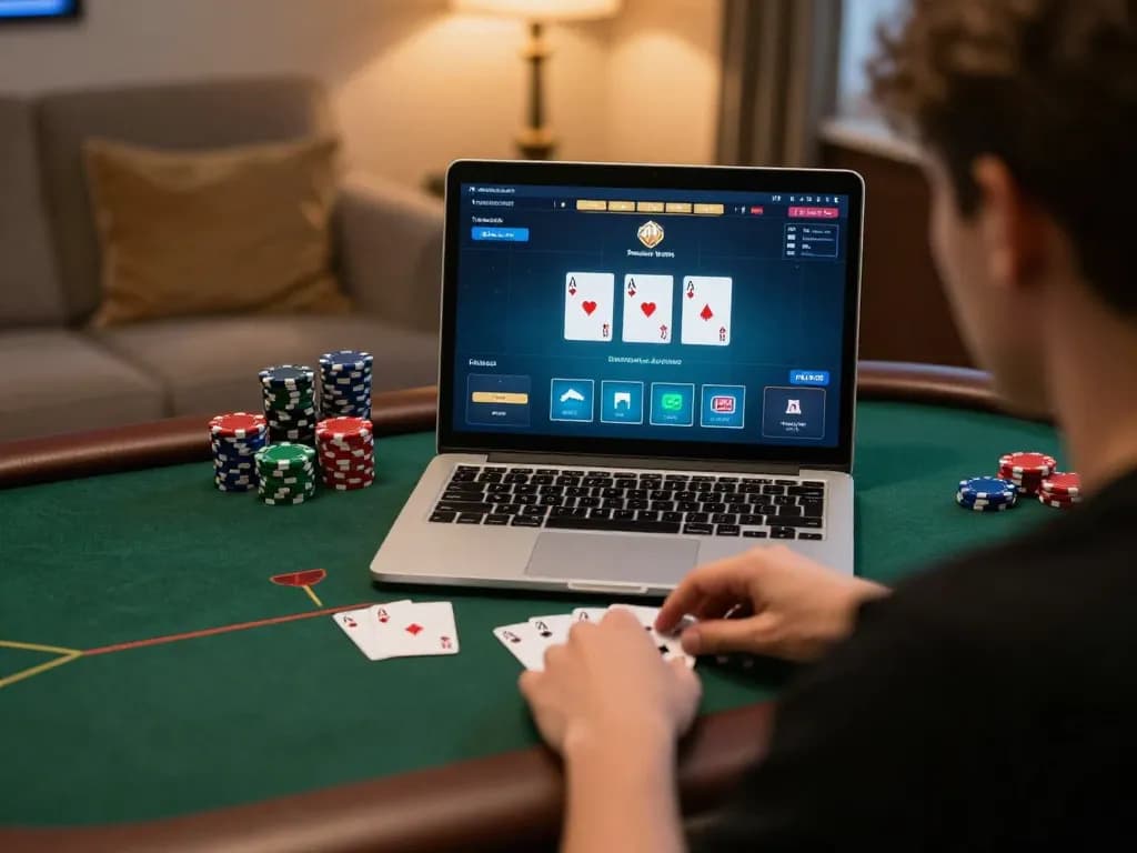 Play exciting poker at Lu88 with a cozy online gaming setup featuring cards and chips on screen.