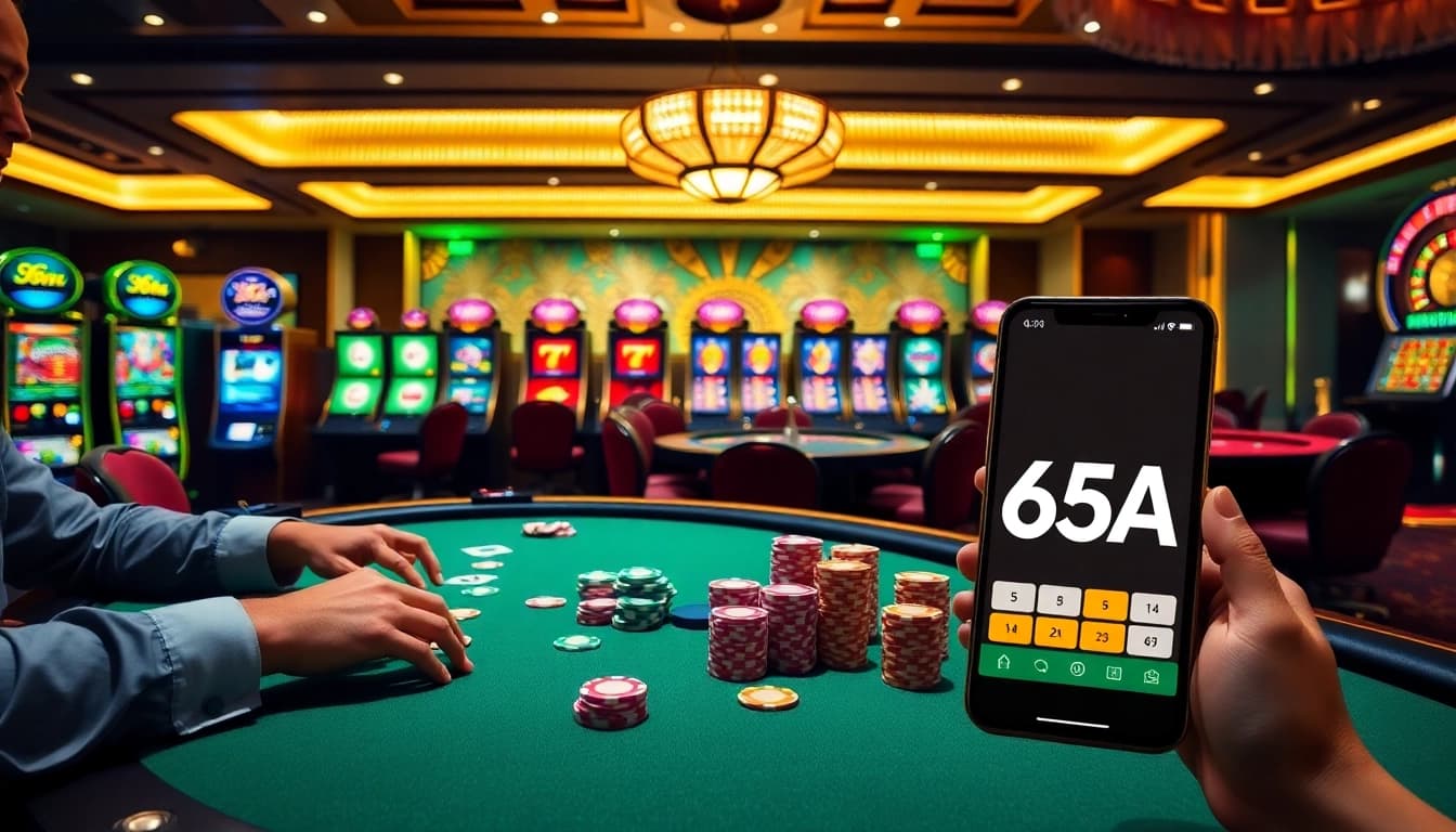 Experience thrilling gameplay at 65A, featuring vibrant casino tables and engaging slot machines.