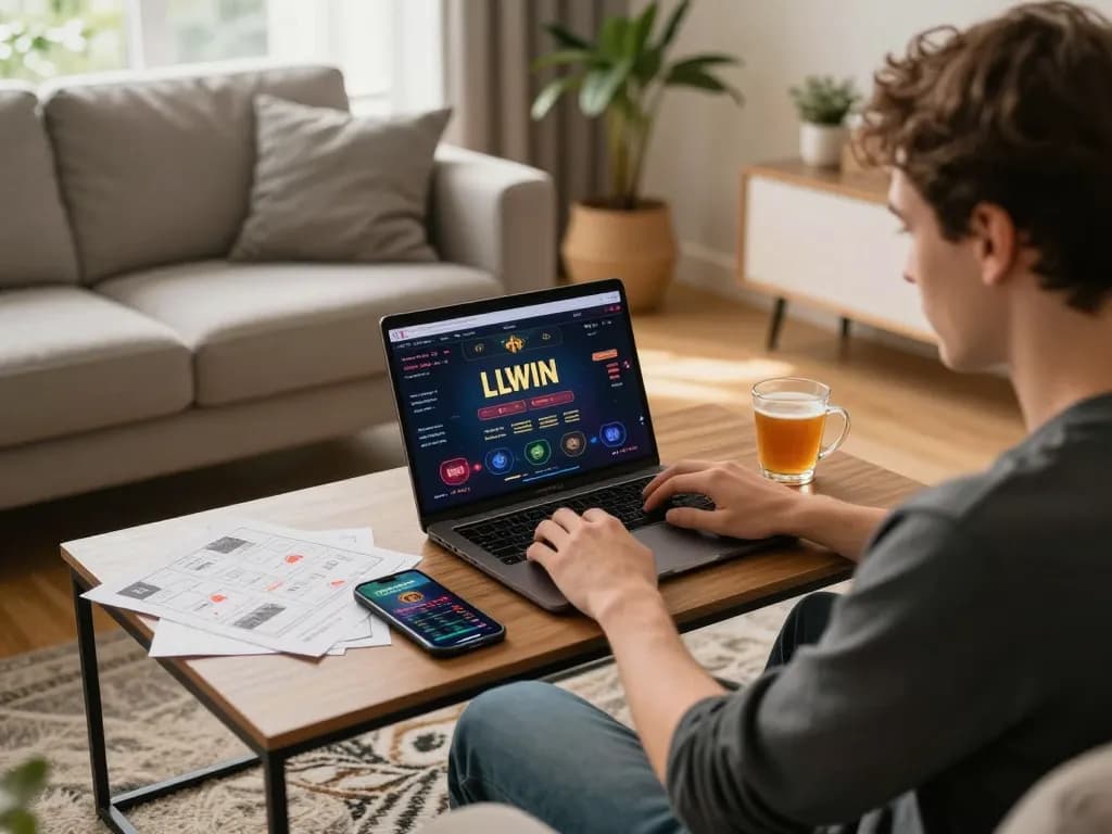 Person engaged in online gaming with LLWIN on laptop, showcasing a strategic betting environment.