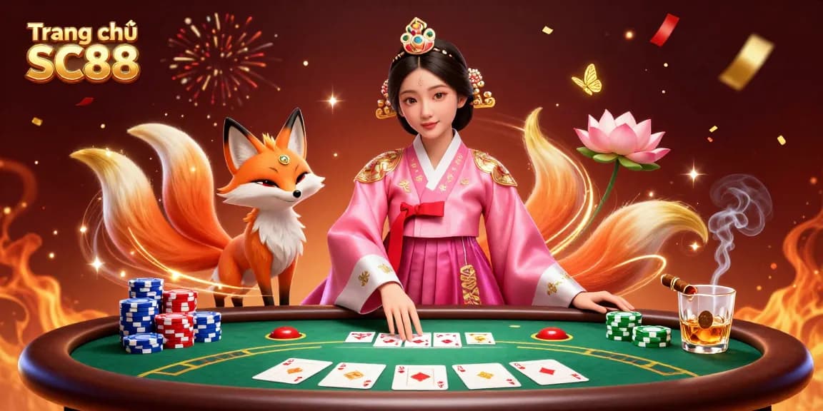 Engage in adventures at Trang chủ SC88, featuring a graceful Asian woman and lucky fox in a vibrant casino scene.