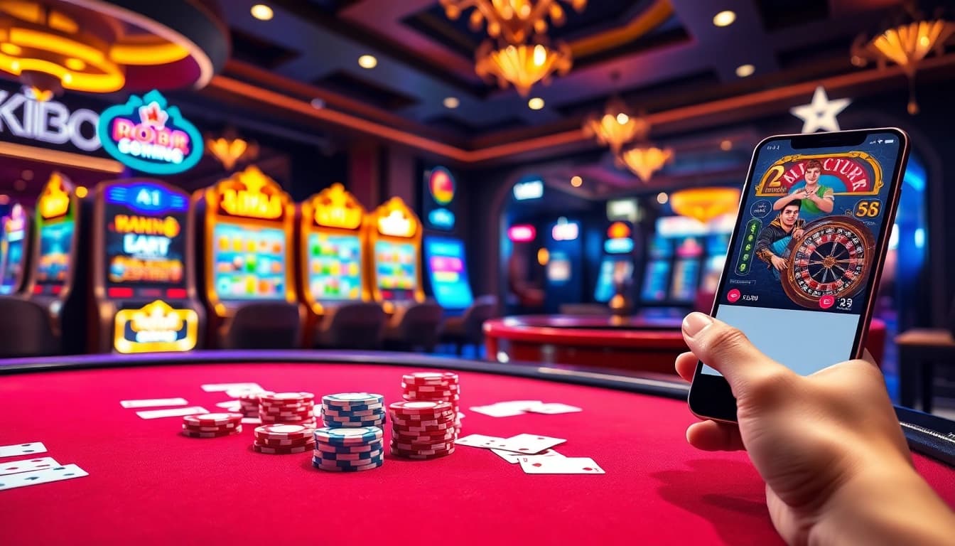 Experience the thrill of ĐĂNG NHẬP RR88 with vibrant casino visuals showcasing poker chips and slot machines.