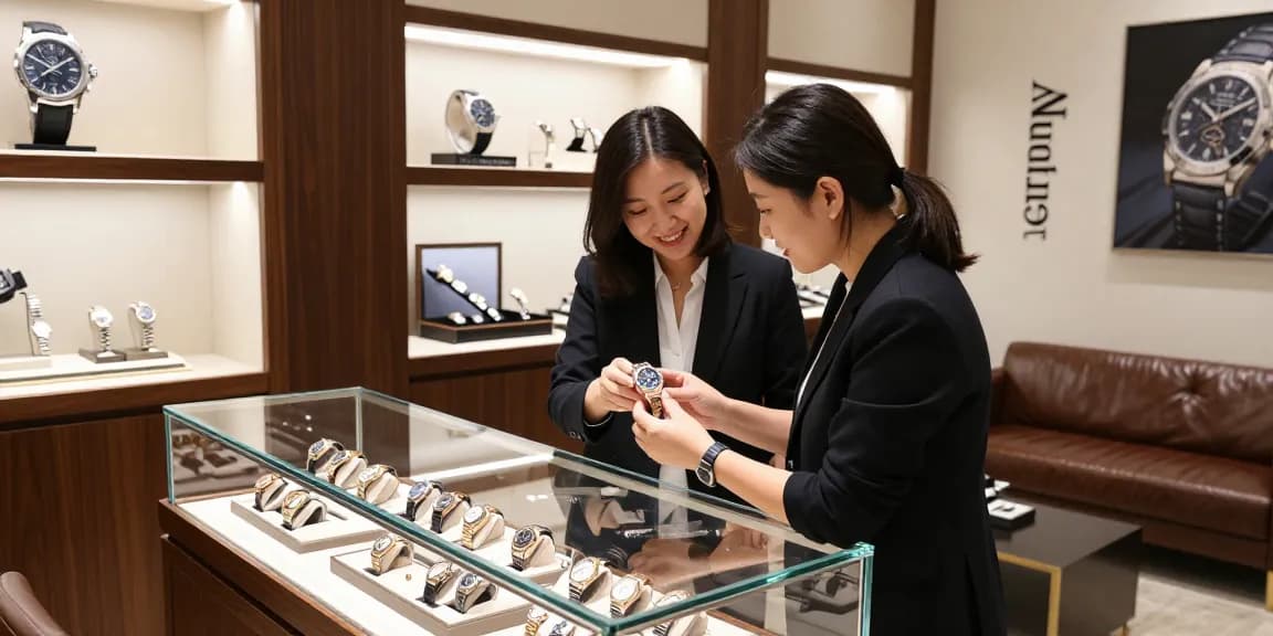 Replica watch showcased in an upscale boutique with a customer examining intricate details and luxury ambiance.