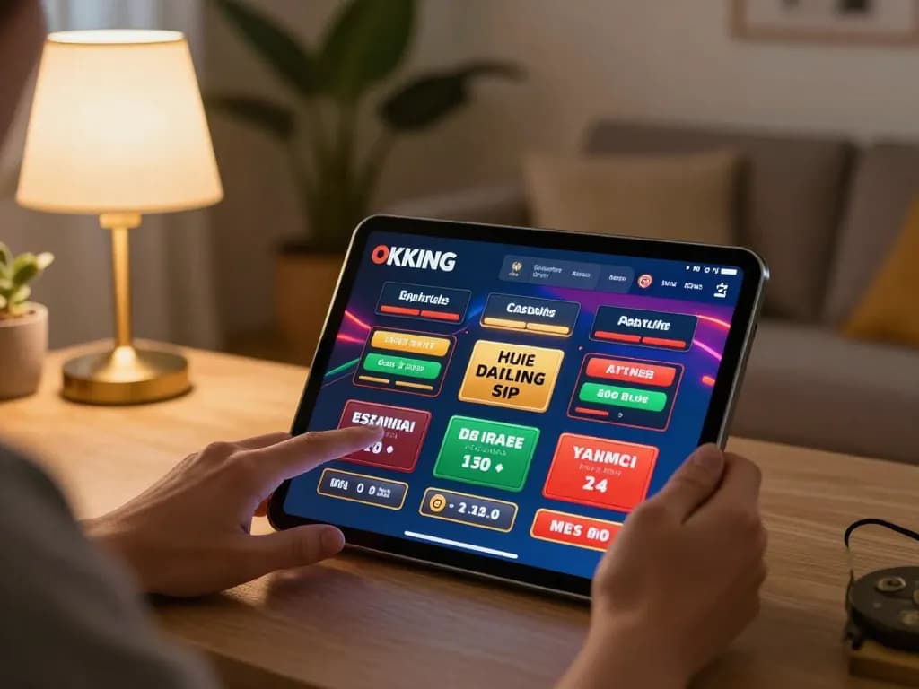 Hands exploring betting options on the okking1 casino app in a cozy home setting
