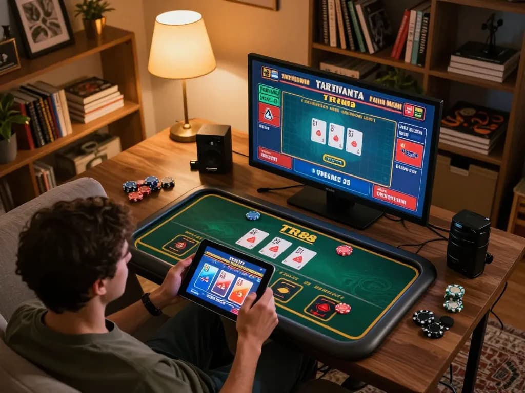 Engaging in TR88 online casino gaming on a tablet, showcasing a cozy home atmosphere.