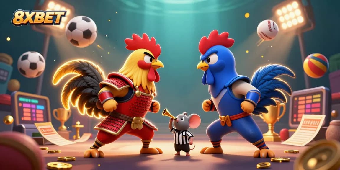 Engage in thrilling bets with 8XBET as cartoon roosters clash in a dramatic showdown.