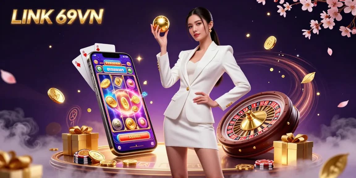 Experience the thrill of LINK 69VN with a dynamic 3D casino scene featuring games, coins, and engaging activities.