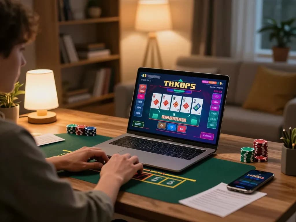Engaging online casino gameplay with a user analyzing live dealer blackjack on laptop, nhacaiuytinn focused on strategic betting.