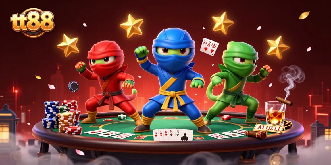 tt88 ninja chameleons engaging in energetic poker action amidst a vibrant casino scene