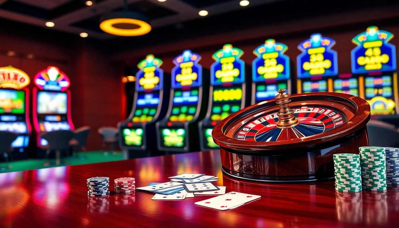 Experience high-stakes gaming with đăng ký CM88, featuring roulette, poker chips, and vibrant slot machines.