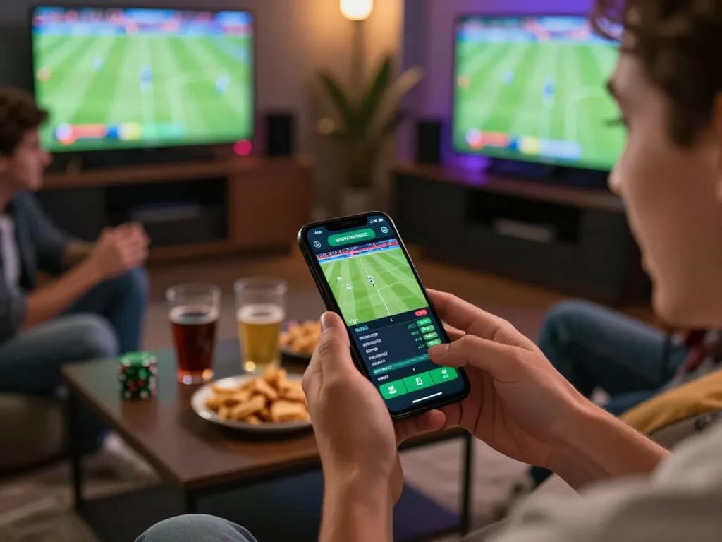 Placing sports bets using the Sv368 app on a smartphone during a lively game day with friends.