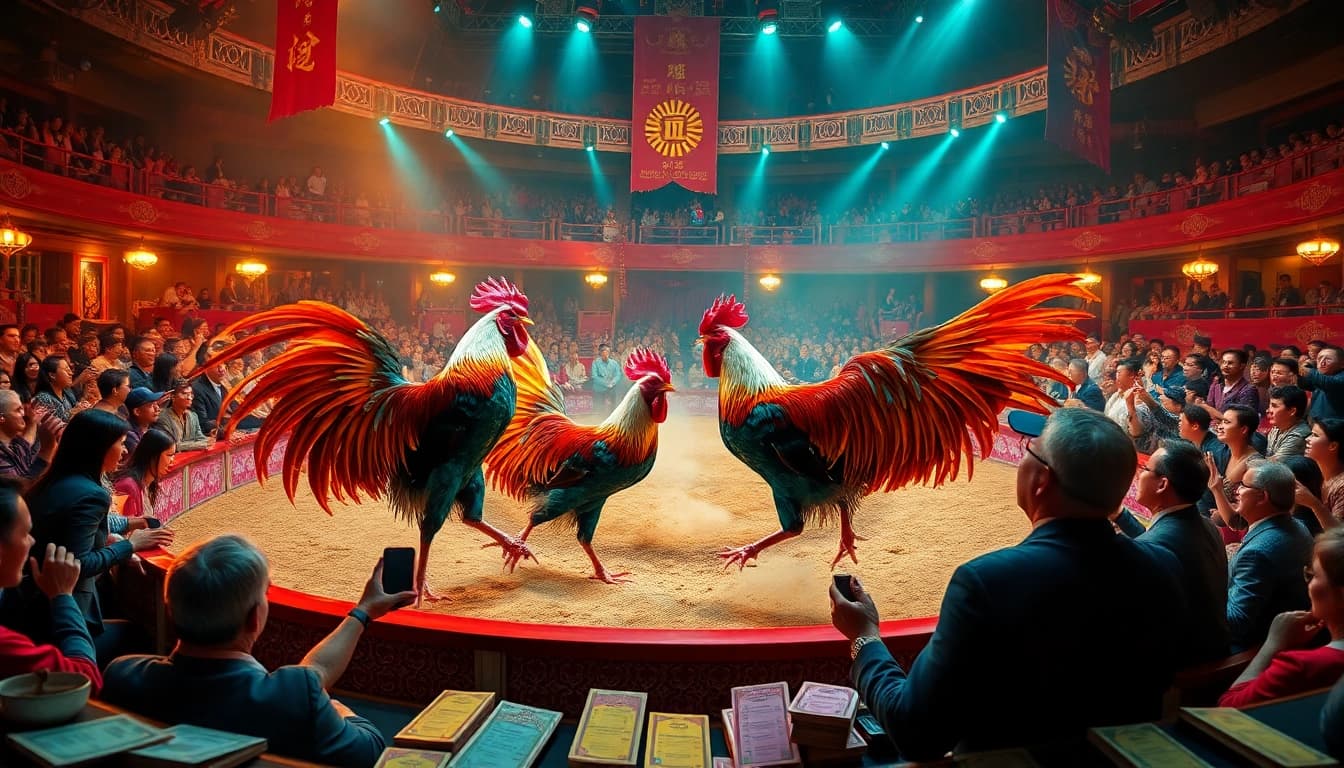 Thrilling ĐÁ GÀ CỰA DAO match in a lively arena with excited spectators and betting slips.