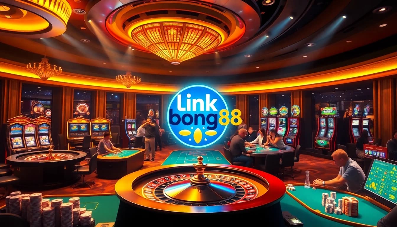 Players experiencing the thrill of gambling at link bong88 casino with poker chips and roulette wheel.