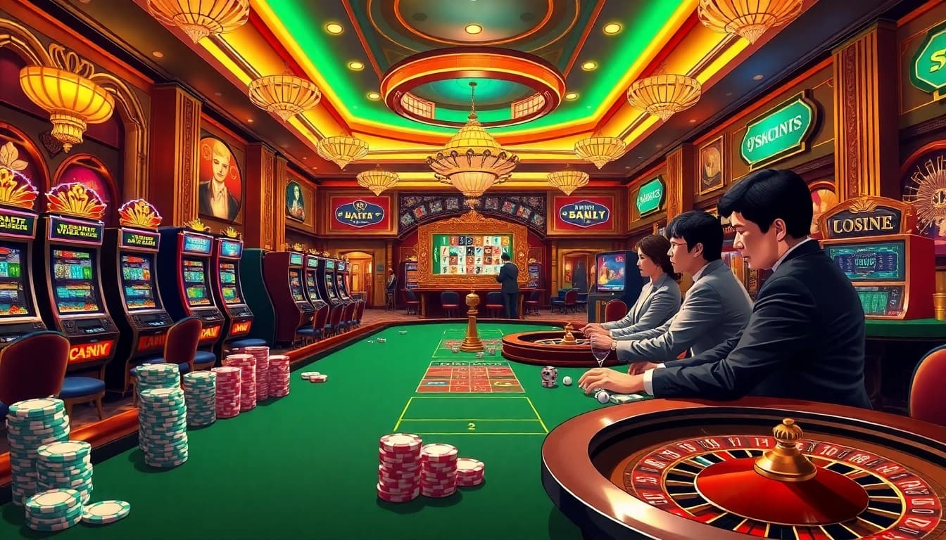 Exciting scene at nhà cái bl555 with vibrant tables, poker chips, and gamblers placing bets.