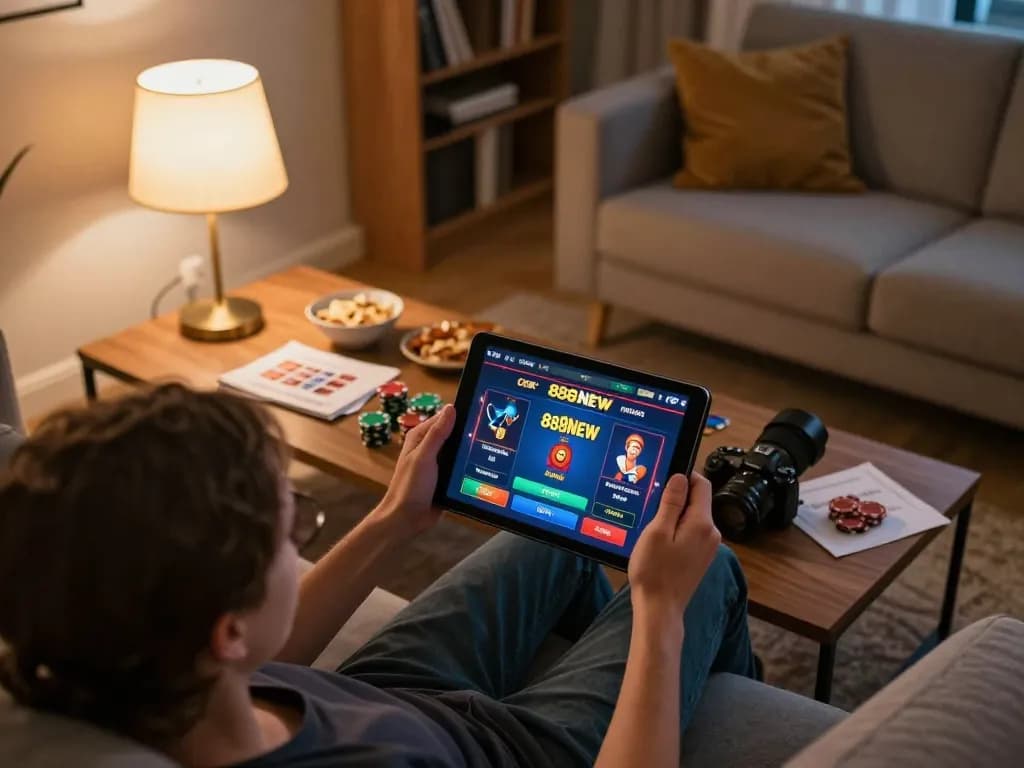 Engaging with the 888NEW gaming interface on tablet, showcasing a cozy home gambling scene.