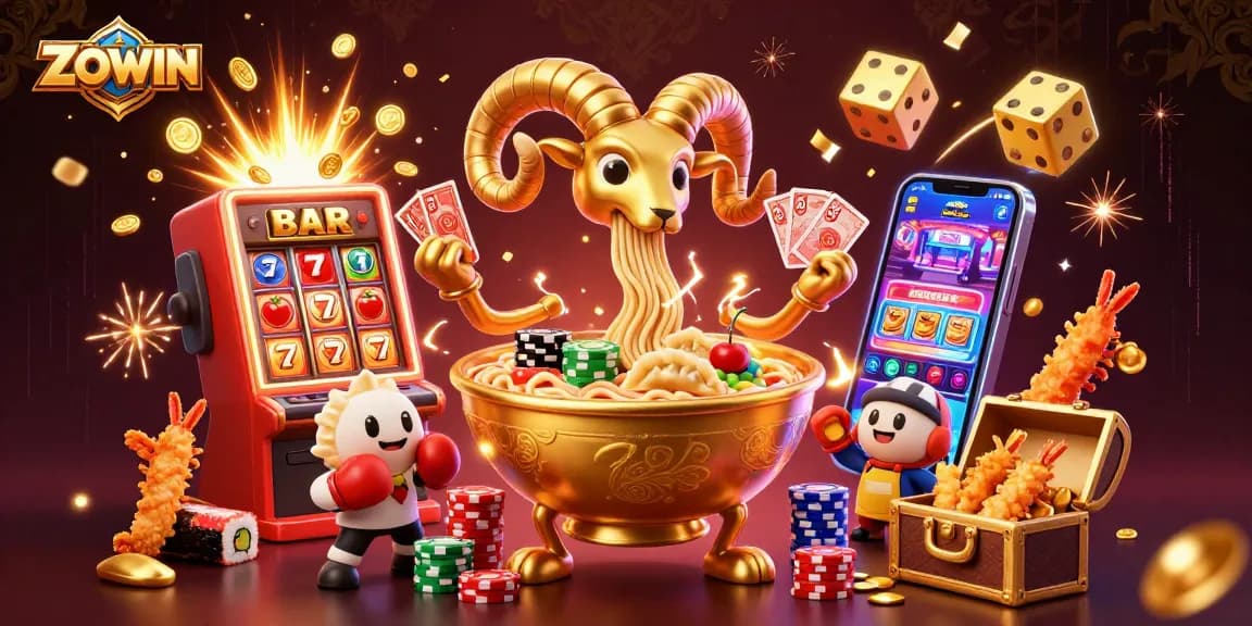 ZOWIN in a vibrant, action-packed casino scene with colorful characters and dynamic slot game elements.