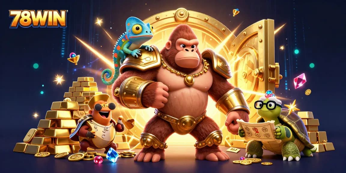 Experience thrilling adventures at 78WIN with a powerful gorilla king and a vibrant chameleon in an exciting casino scene.