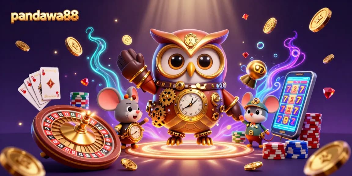 Win big with pandawa88 as a cartoon owl and clockwork mouse explore a vibrant casino.