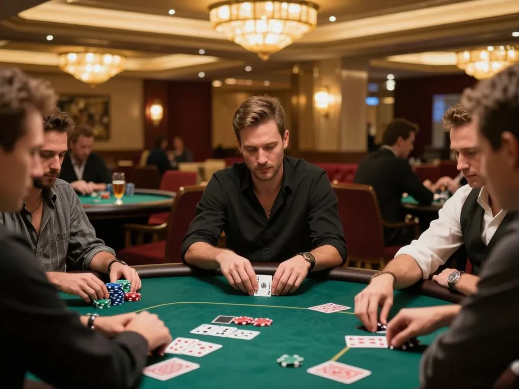 Players at a high-stakes poker table in a luxurious casino, capturing strategic moments of gameplay at 33win33win.
