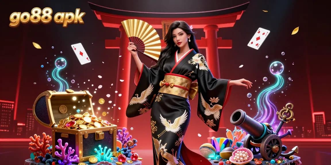 Experience the thrill of gaming with go88 apk, featuring a dazzling scene of an elegant Asian woman amidst vibrant casino elements.