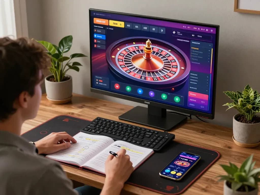 Player enjoying online gaming at FLY88 with live dealer roulette, strategic notes in view.