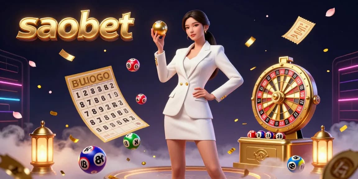 Experience saobet's vibrant casino atmosphere with a stunning Asian model showcasing dynamic lottery elements.
