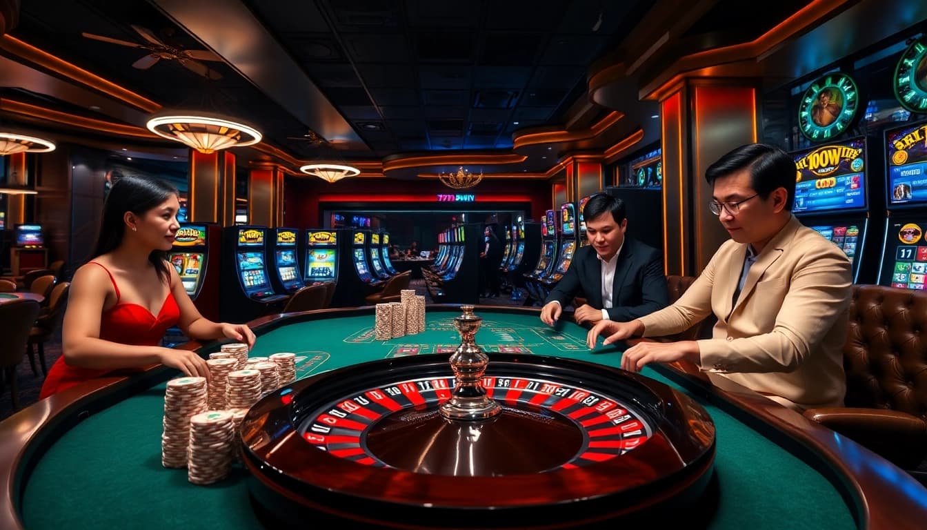 Exciting gameplay at 789win casino featuring roulette, poker chips, and vibrant slot machines.