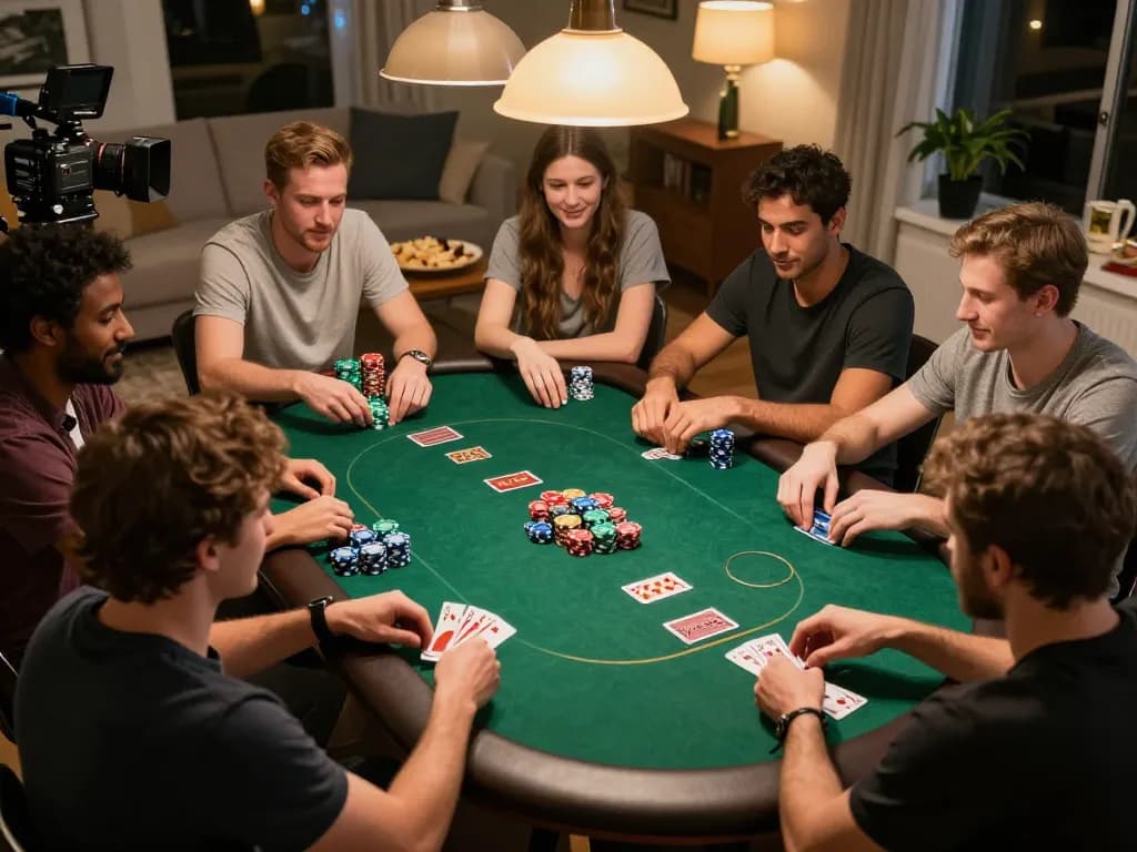 Friends engaging in a fun poker night at home, showcasing strategic gameplay with alc88 branding visible.