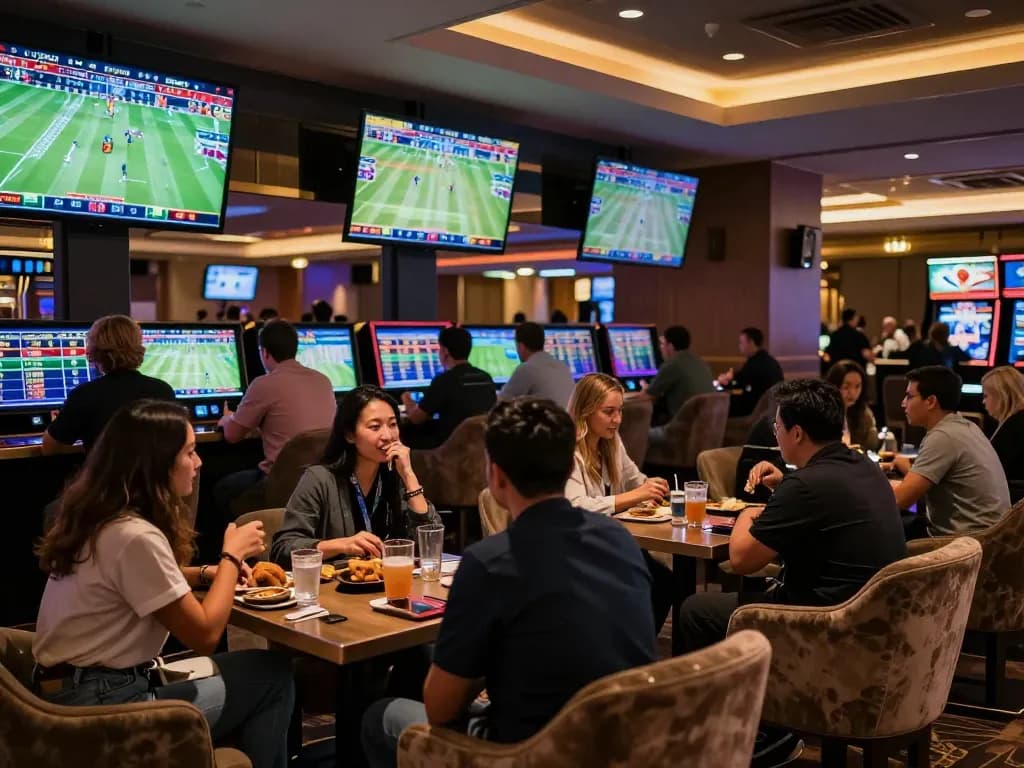 Engaging scene at 78winvina's sports betting lounge with patrons discussing game strategies.