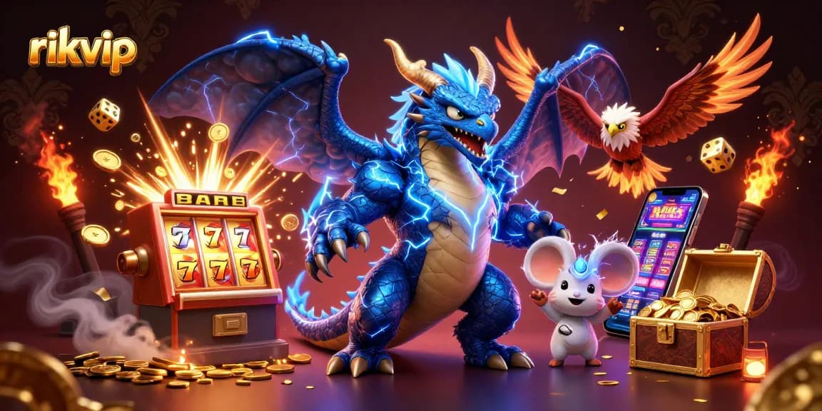 Experience the exciting world of rikvip with a dynamic scene of vibrant characters amidst a jackpot explosion.