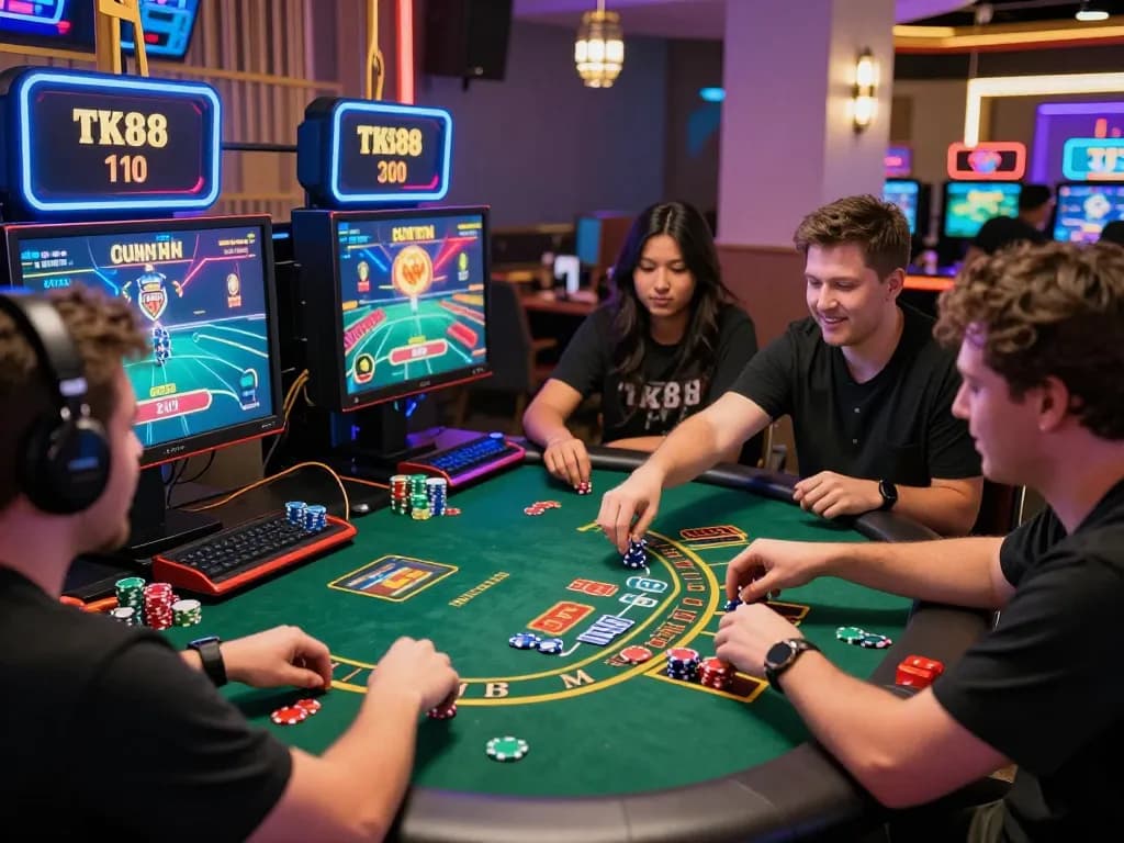 Players enjoying an engaged gaming experience at TK88's online casino table, showcasing excitement and vibrant graphics.