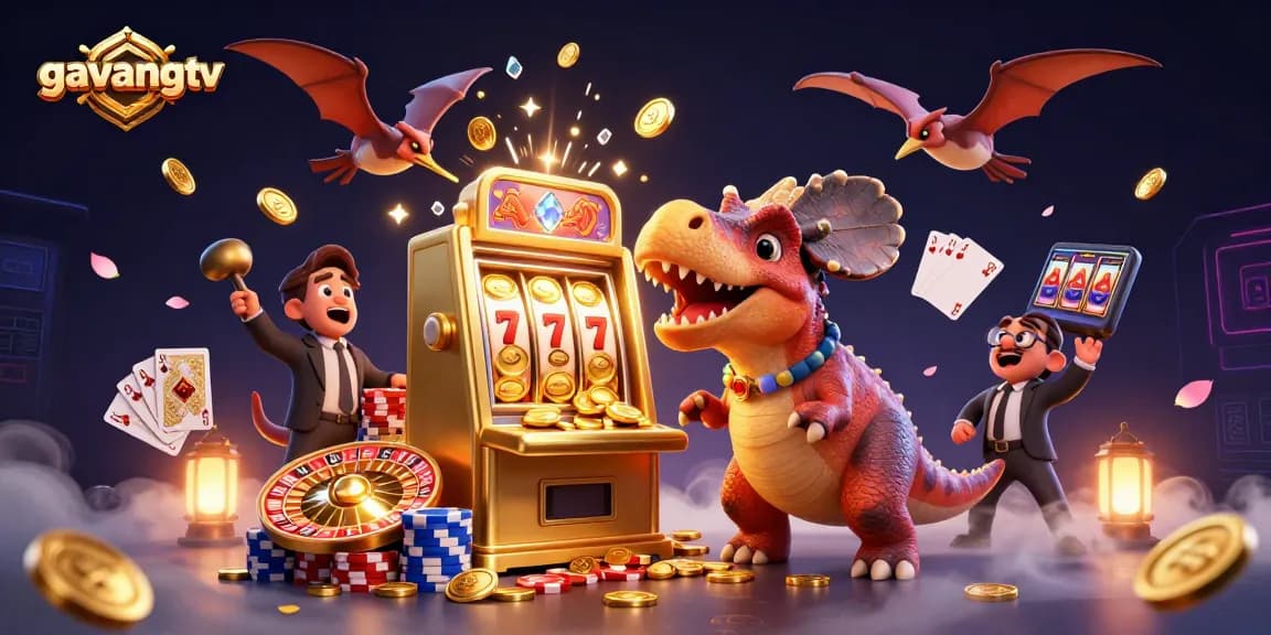 Experience the excitement of gavangtv with a 3D dinosaur-themed casino jackpot scene.