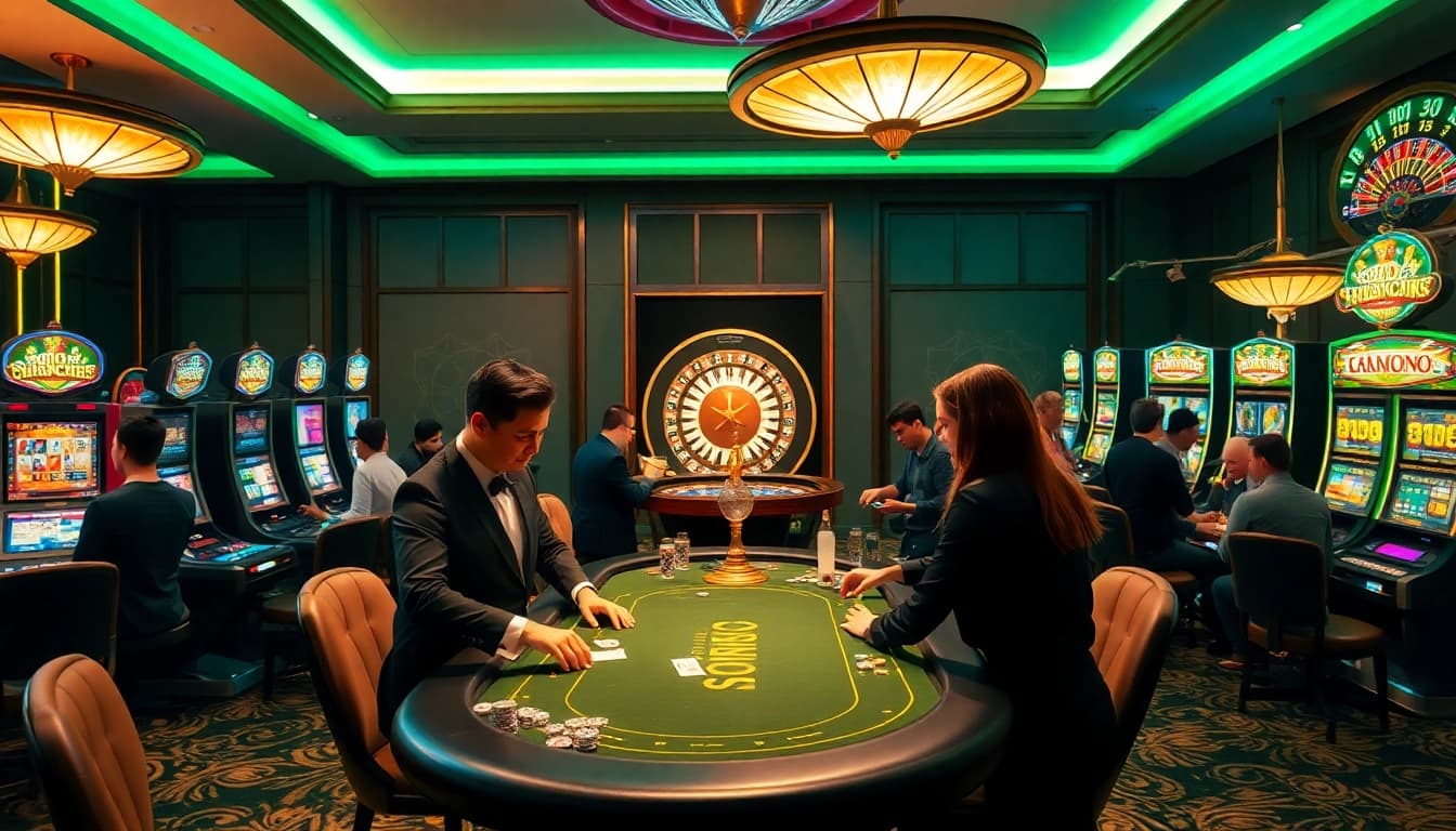 Experience the thrill of SODO CASINO with players enjoying engaging poker gameplay and vibrant slot machines.