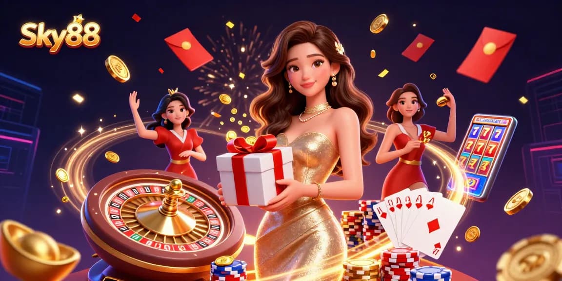 Experience Sky88's excitement with festive gaming action in a richly detailed 3D casino scene.