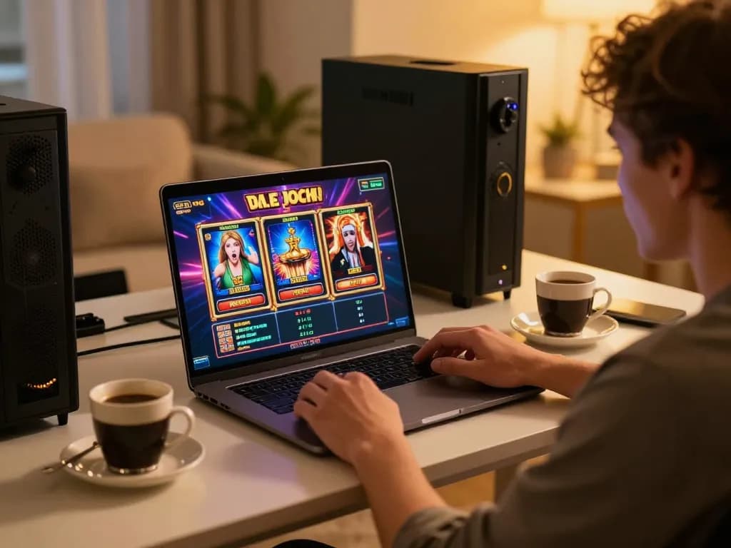 Enjoying slot games on laptop at home with fly88mx in a cozy setting full of excitement.