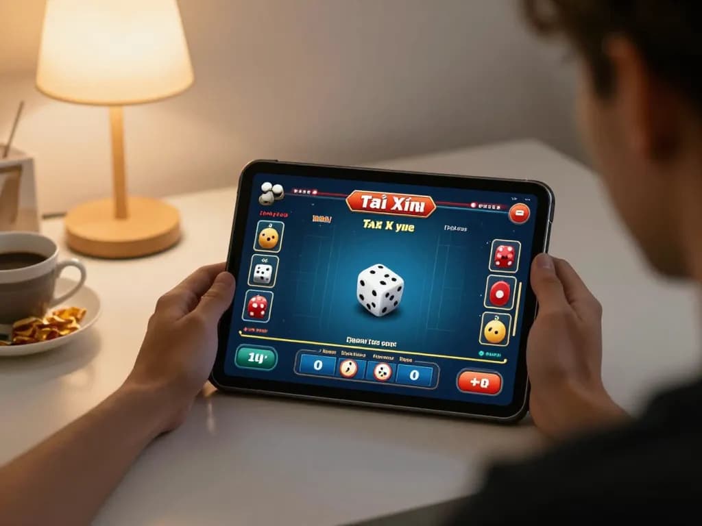 Tài Xỉu Sunwin gameplay on tablet, showcasing an engaging online casino experience in a cozy home