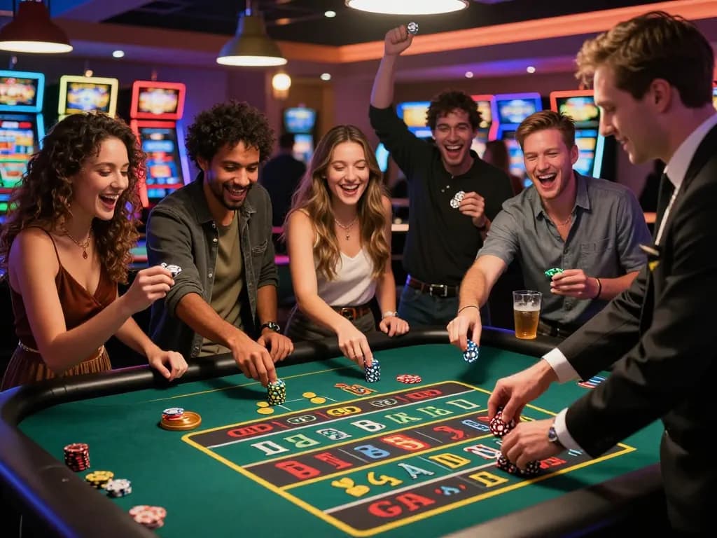 Exciting gambling scene at a lively casino featuring fabet games with friends and vibrant atmosphere.