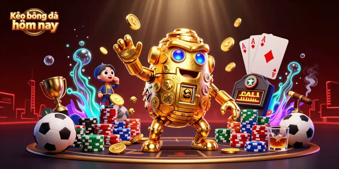 Kèo bóng đá hôm nay: Engage with sports betting excitement around a golden golem surrounded by dynamic gaming elements.