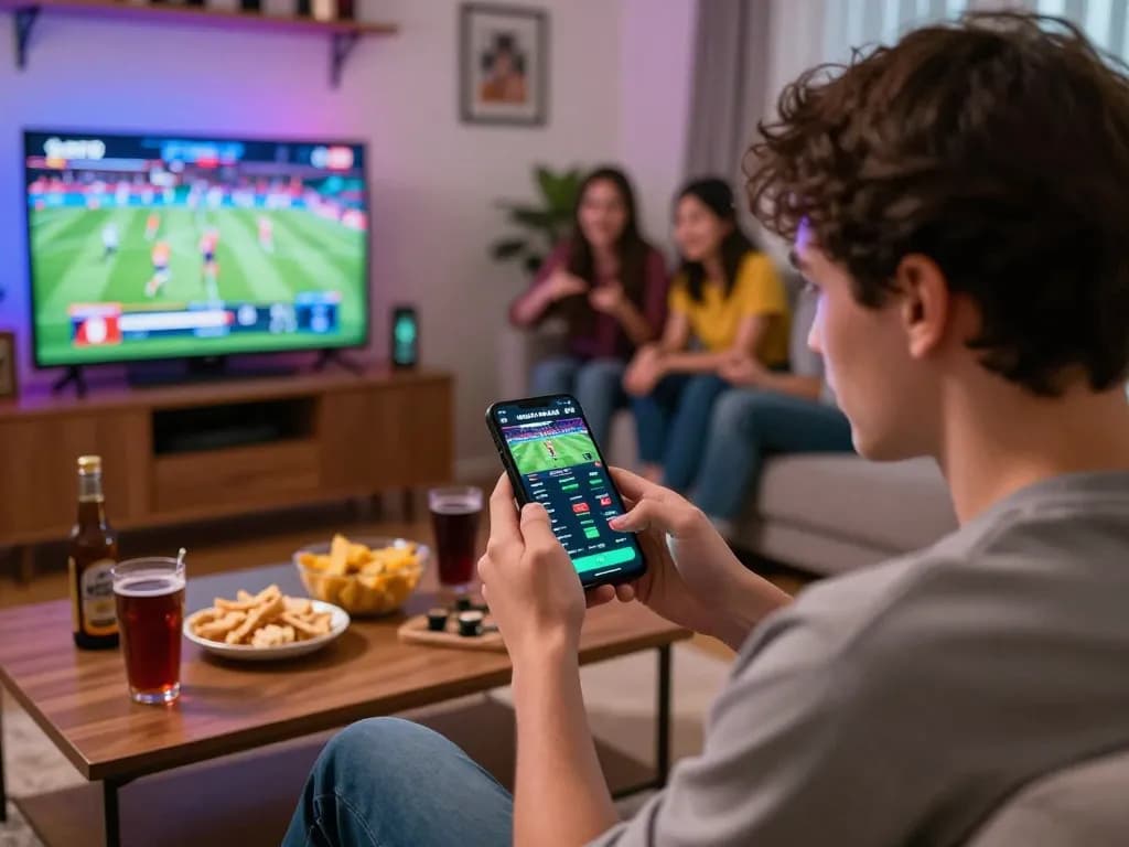 Engaged bettor analyzing kèo nhà cái hôm nay on smartphone at a lively home sports night.