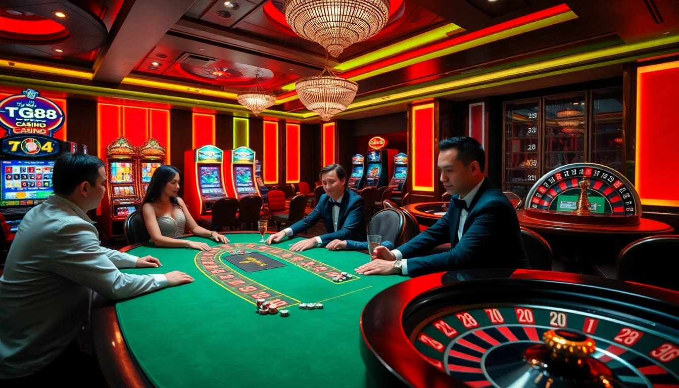 Experience the thrill of tg88 casino with players betting at a luxurious gambling table.