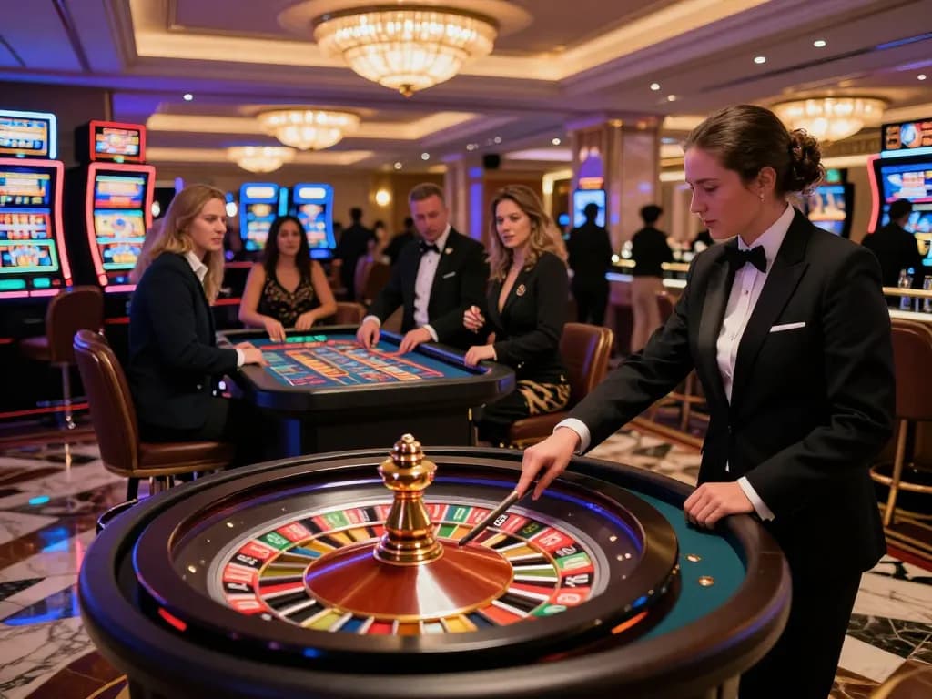 Engaging players during roulette game at DA88 casino with croupier spinning wheel and bets placed