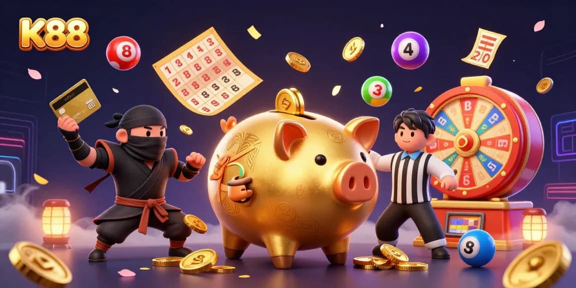 K88 engages players with vibrant casino action featuring a golden piggy bank sumo wrestler.