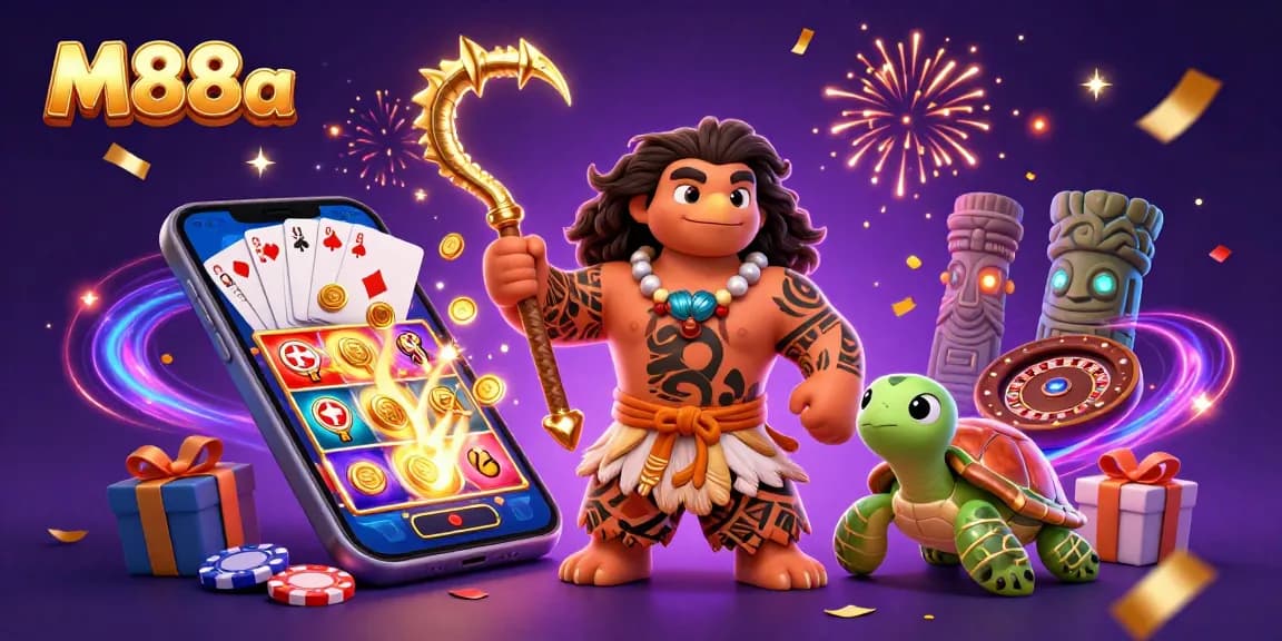 M88a showcases a vibrant and dynamic casino scene with characters in a 3D cartoon style, featuring engaging slot game elements.