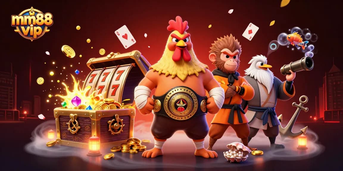 Experience the thrill at mm88 vip with a dynamic casino scene featuring vibrant characters and game elements.