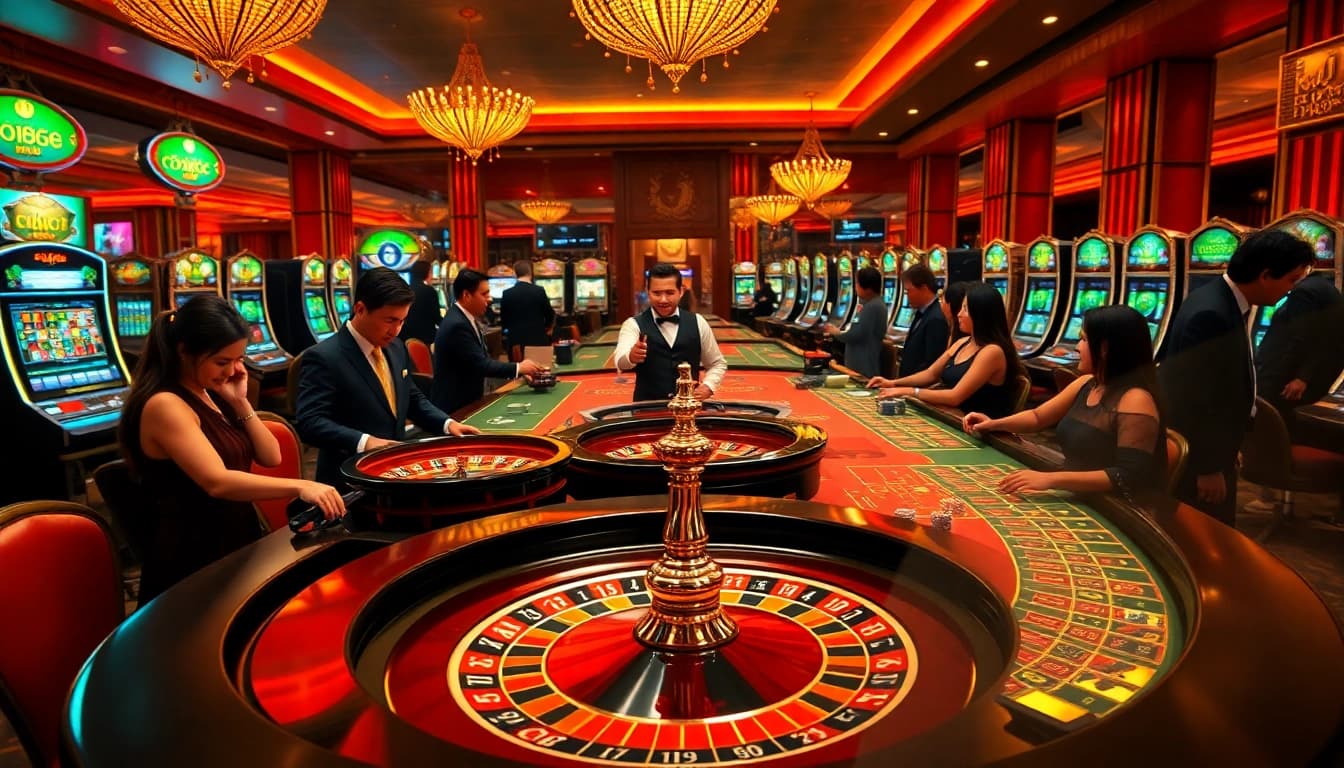 Experience thrilling gameplay at KJC, featuring vibrant casino scenes with roulette wheels and poker tables.