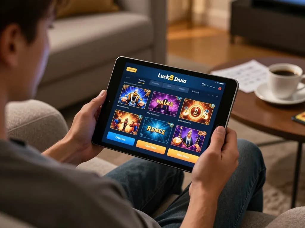 Participating in online gambling with luck8 đăng nhập on a tablet in a cozy living room setting.