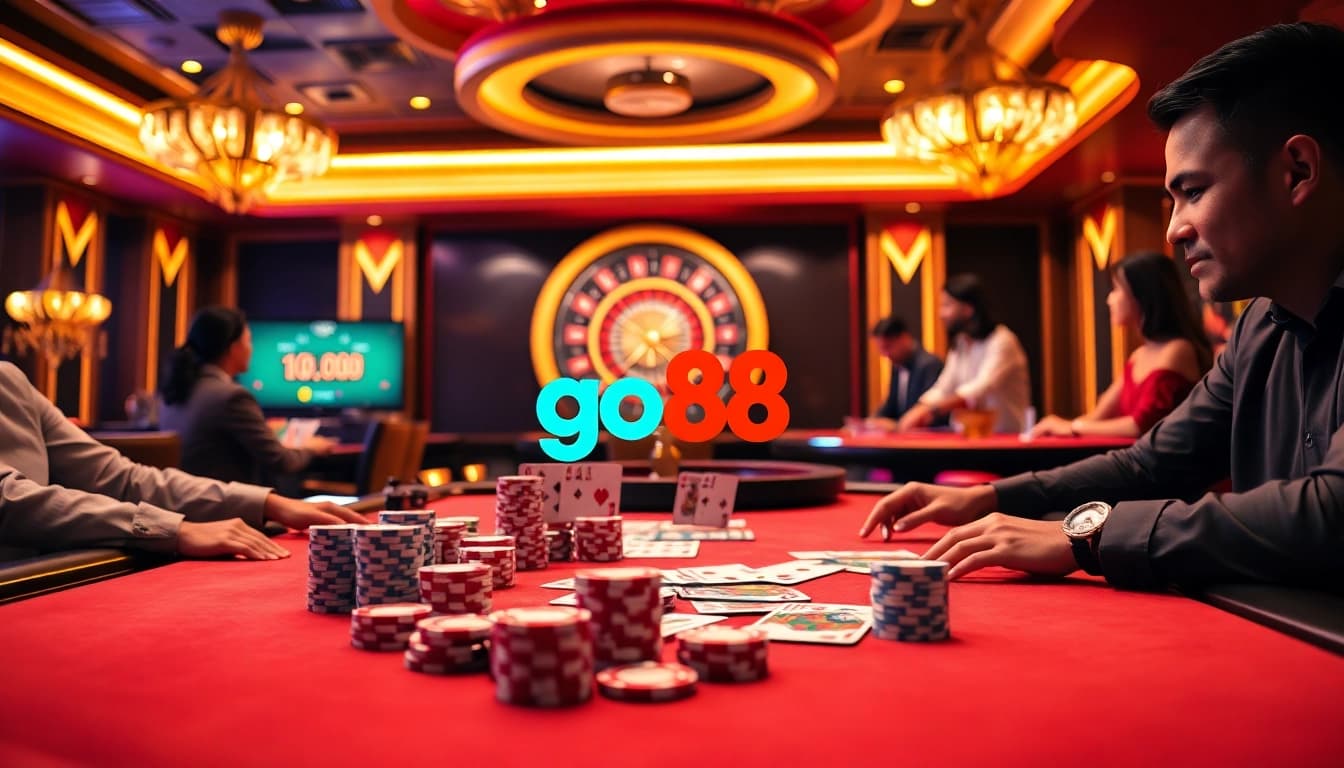 GO88 gamblers strategizing at a high-end casino table with cards and chips.
